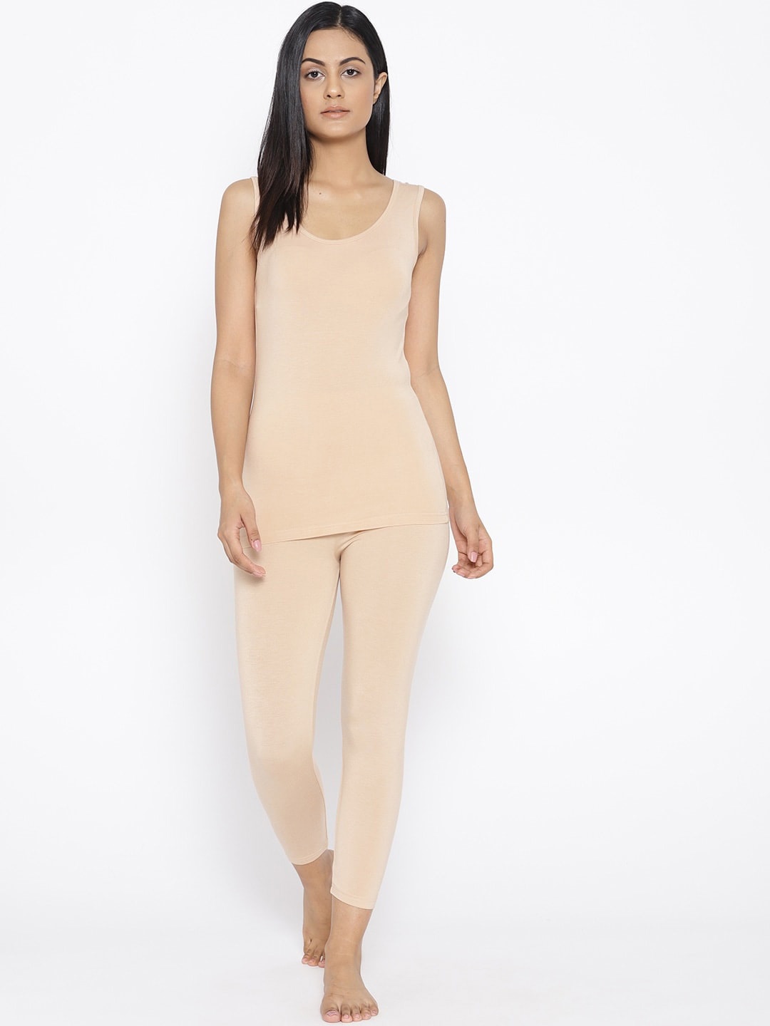 

Kanvin Women Round Neck Top With Mid-Rise Bottom, Beige