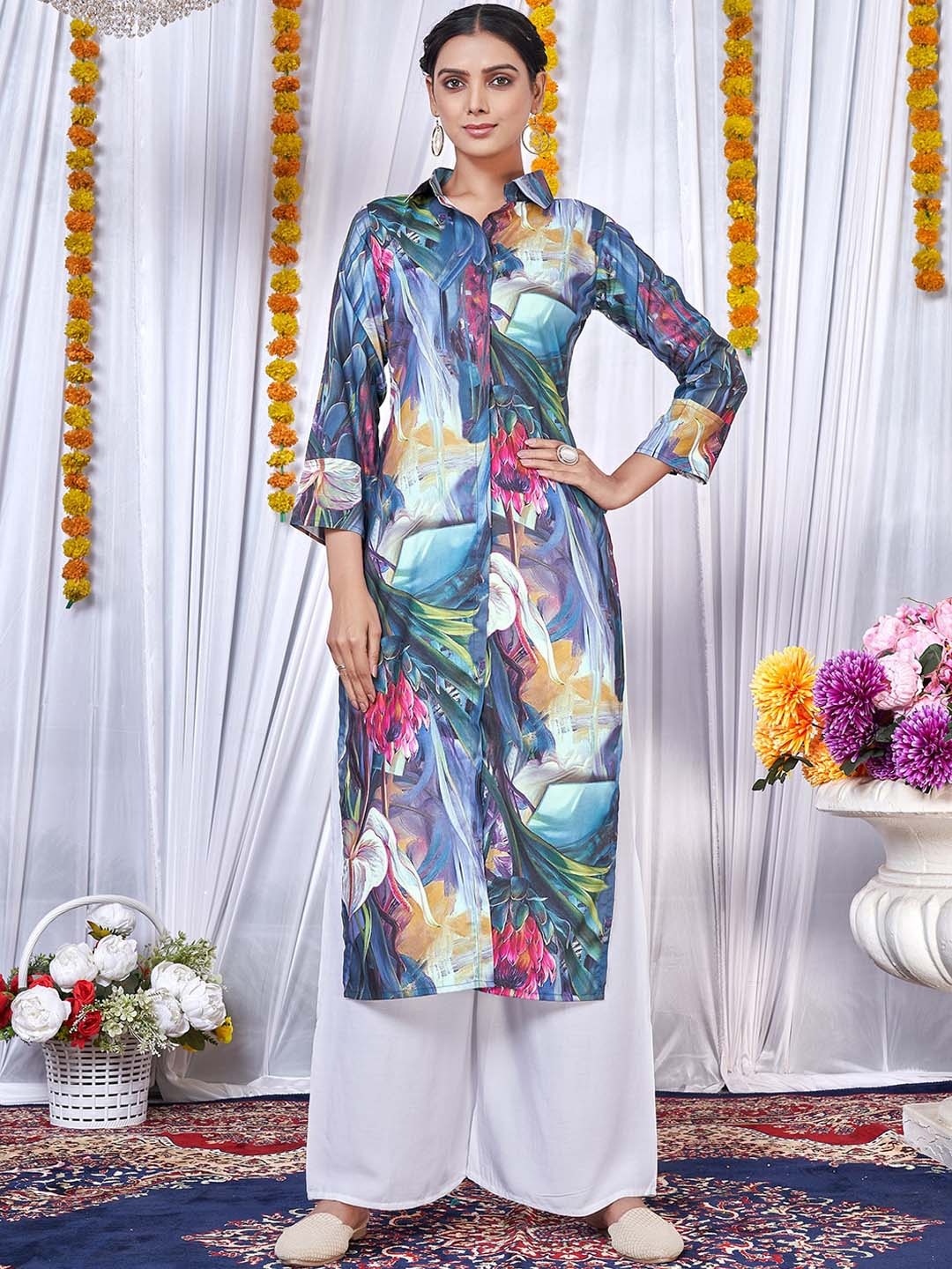 

PRENEA Floral Printed Pathani Kurta with Palazzos, Blue