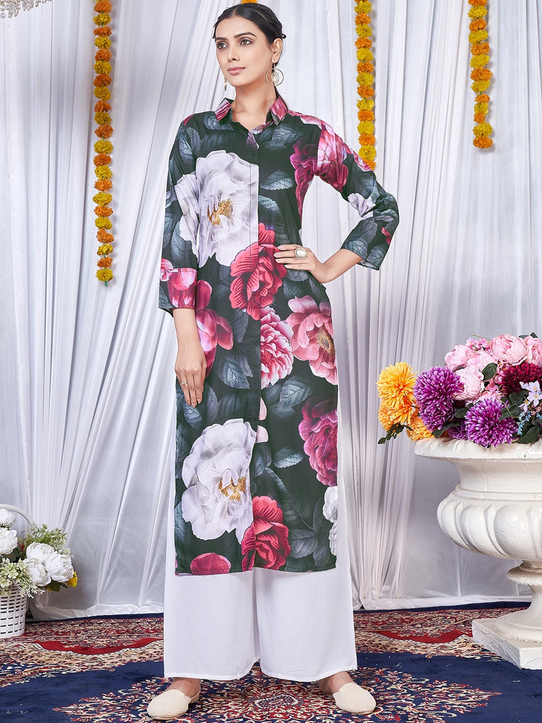 

PRENEA Floral Printed Mandarin Collar Kurta With Palazzos, Blue