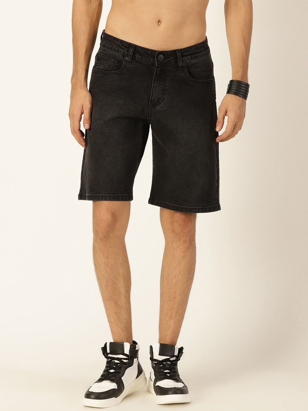 

HERE&NOW Men Black Washed Slim Fit Denim Shorts