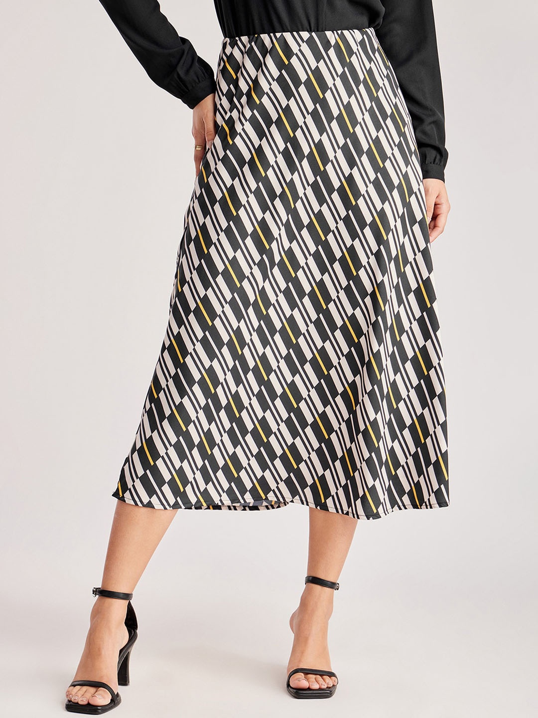 

FableStreet Geometric Printed A-Line Midi Skirt, Black