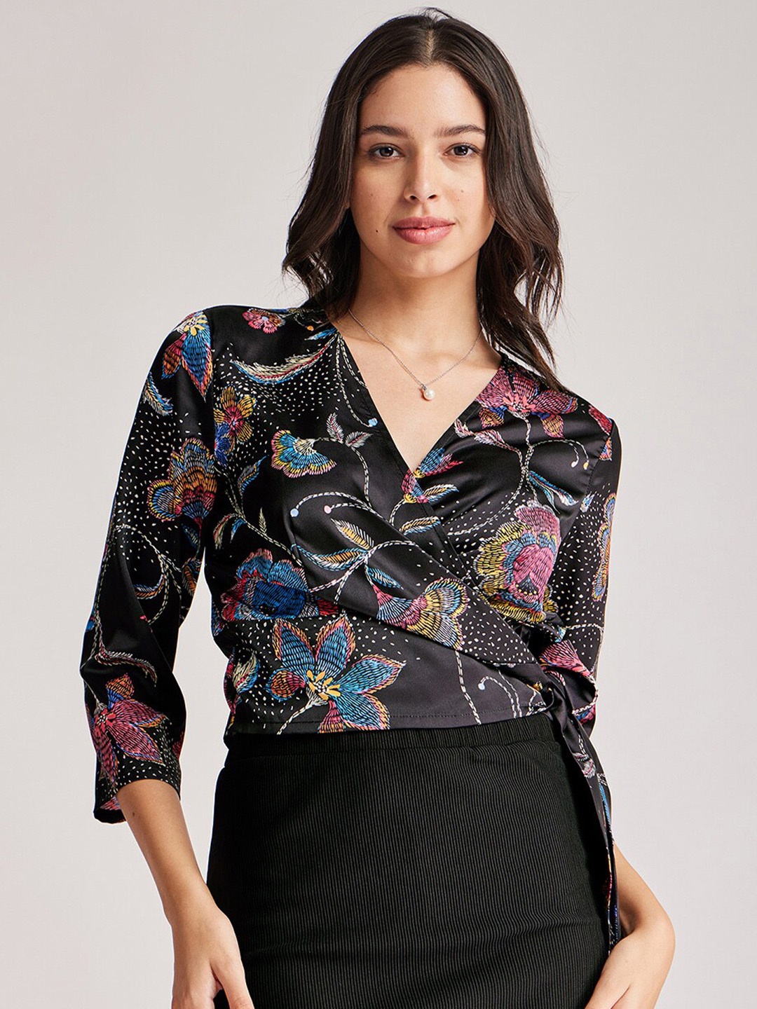 

FableStreet Floral Printed Crop Wrap Top, Black