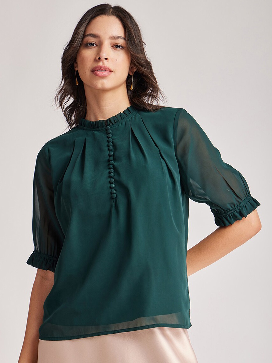 

FableStreet Ruffle High Neck Puff Sleeves Georgette Top, Green