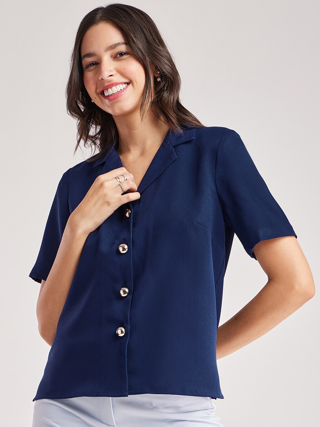 

FableStreet Lapel Collar Casual Shirt, Navy blue