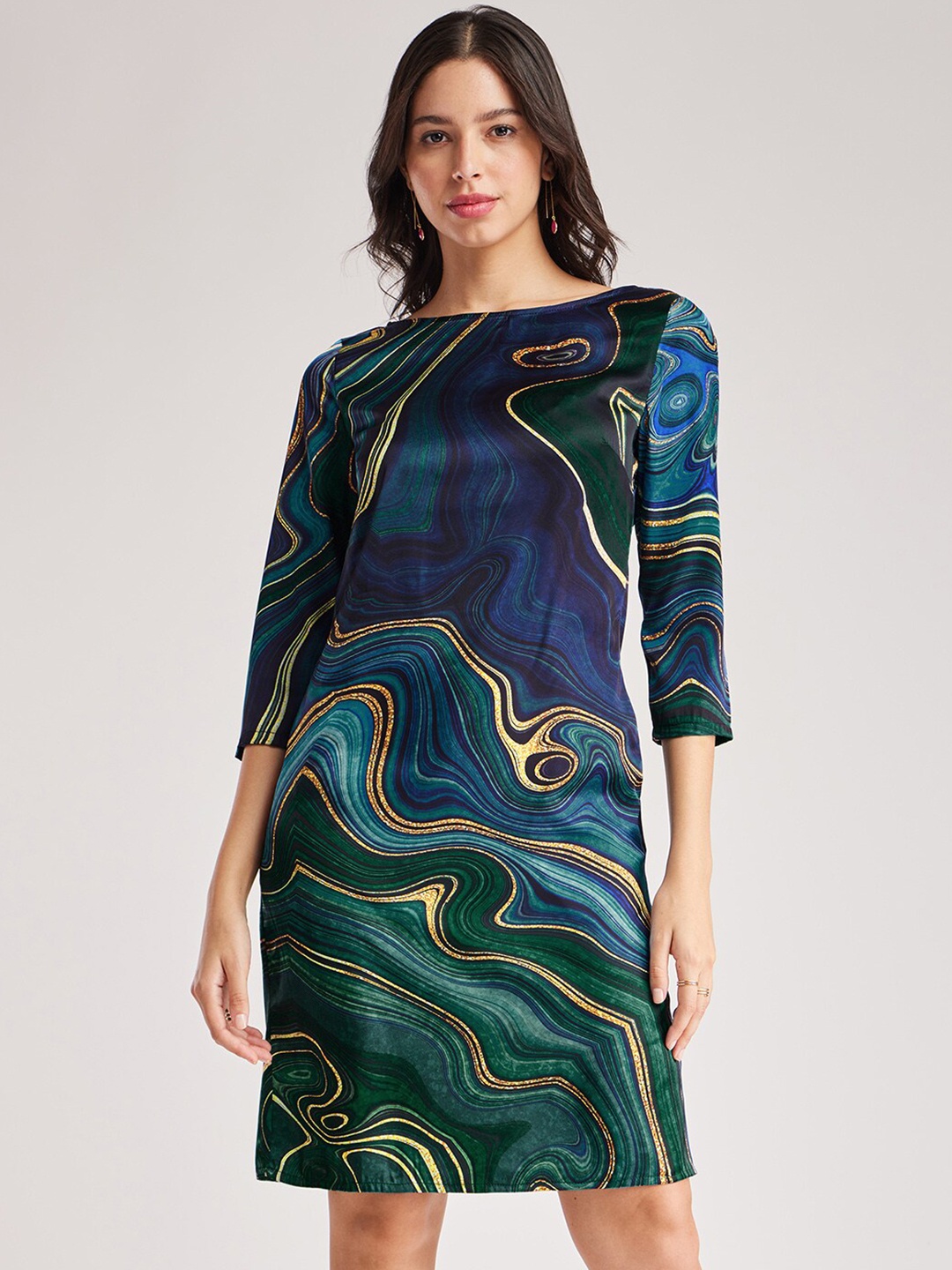 

FableStreet Abstract Printed Boat Neck Satin Sheath Dress, Navy blue