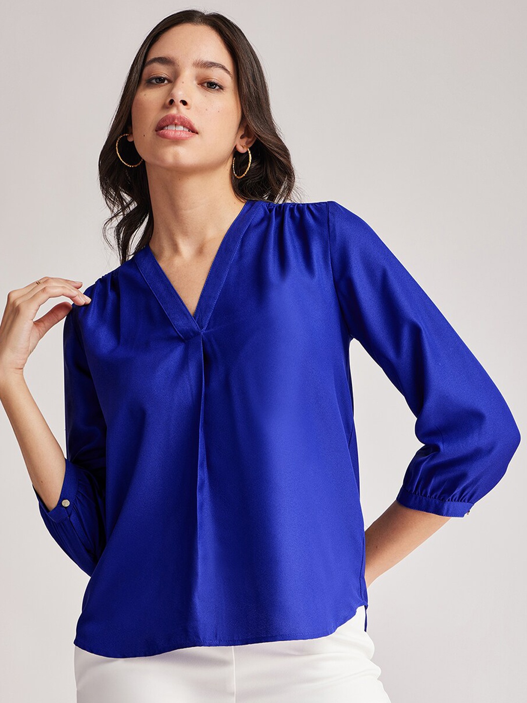 

FableStreet V- Neck Pleated Detail Top, Blue