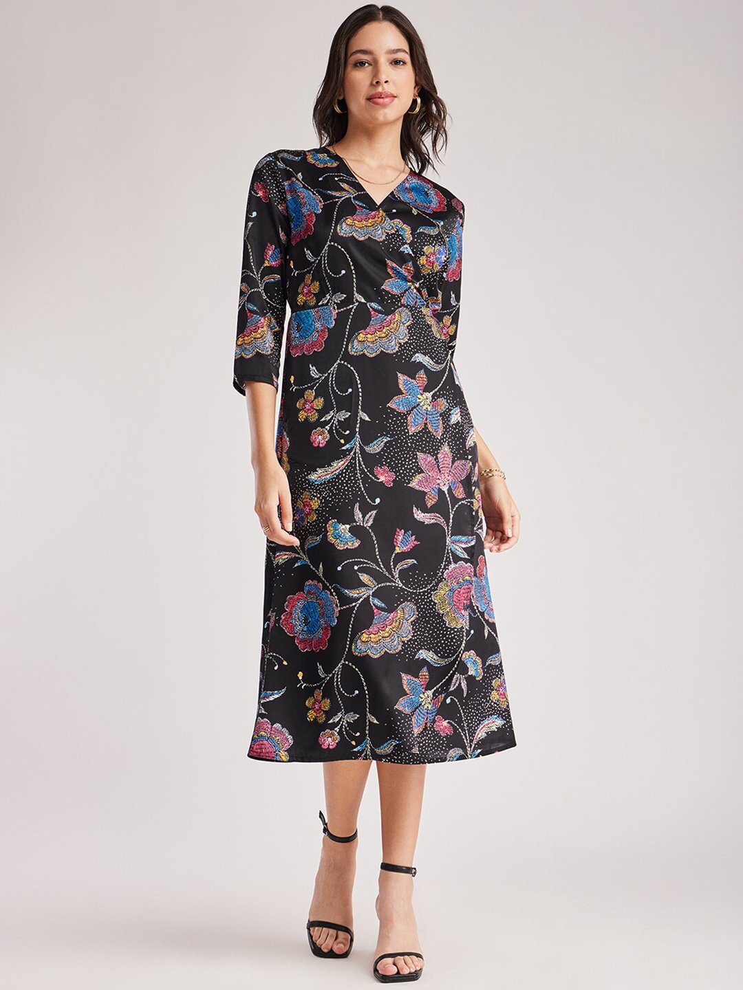 

FableStreet Floral Printed Satin A-Line Midi Dress, Black