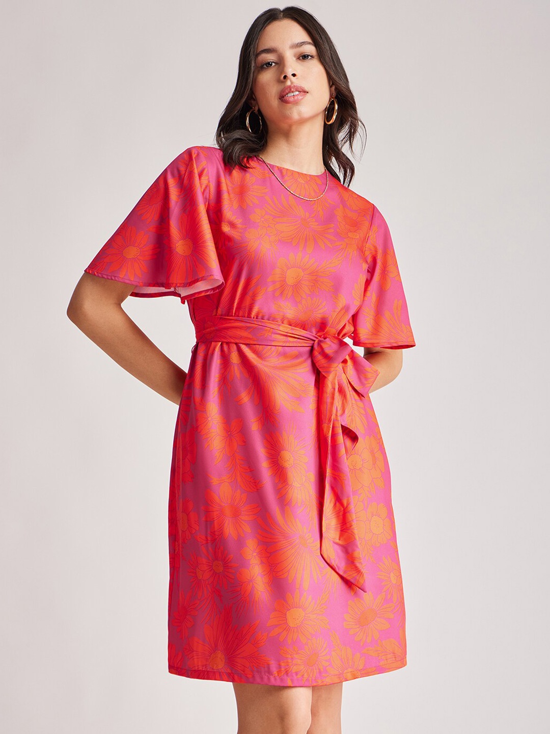 

FableStreet Floral Printed Flared Sleeves A-Line Dress, Pink