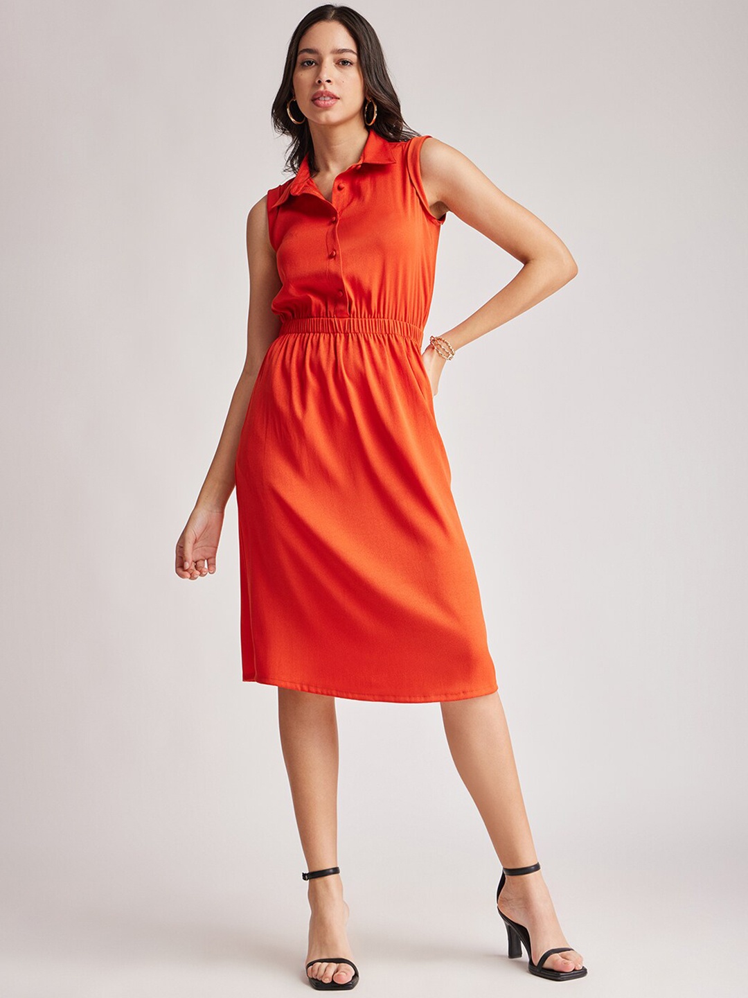 

FableStreet Shirt Collar A Line Dress, Rust