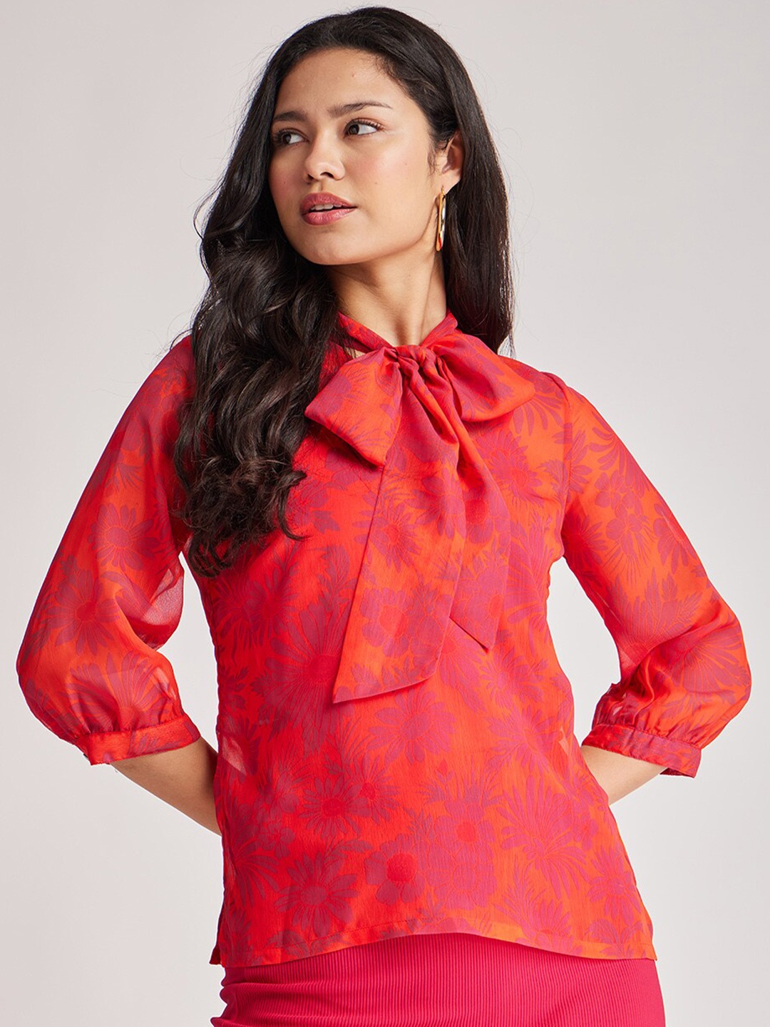 

FableStreet Floral Printed Tie-Up Neck Chiffon Top, Orange
