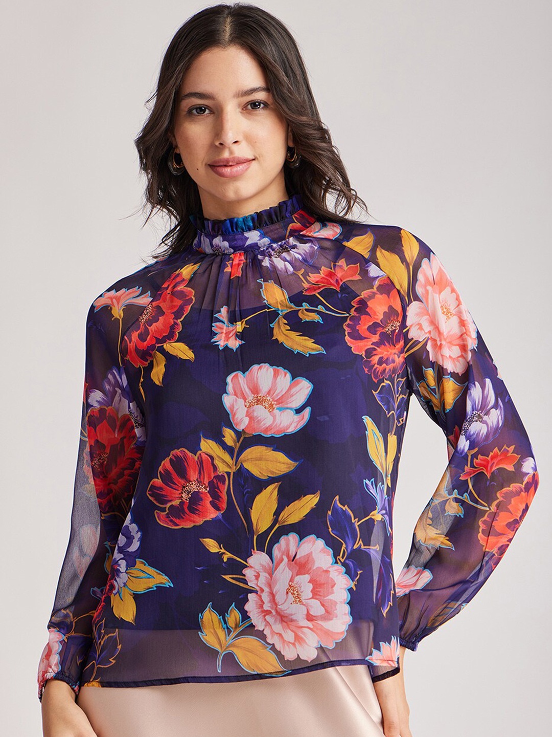

FableStreet Floral Printed High Neck Ruffle Detail Puff Sleeves Chiffon Top, Navy blue