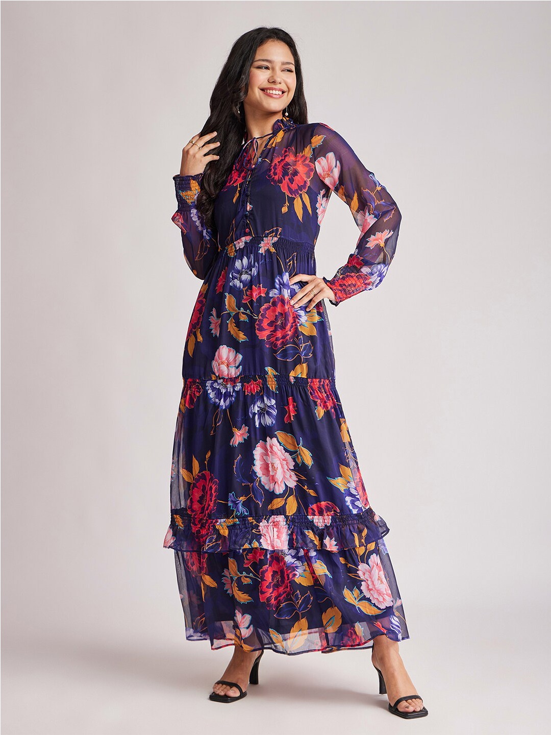 

FableStreet Floral Printed Tie-Up Neck Smocked Semi Sheer Tiered Chiffon Maxi Dress, Navy blue