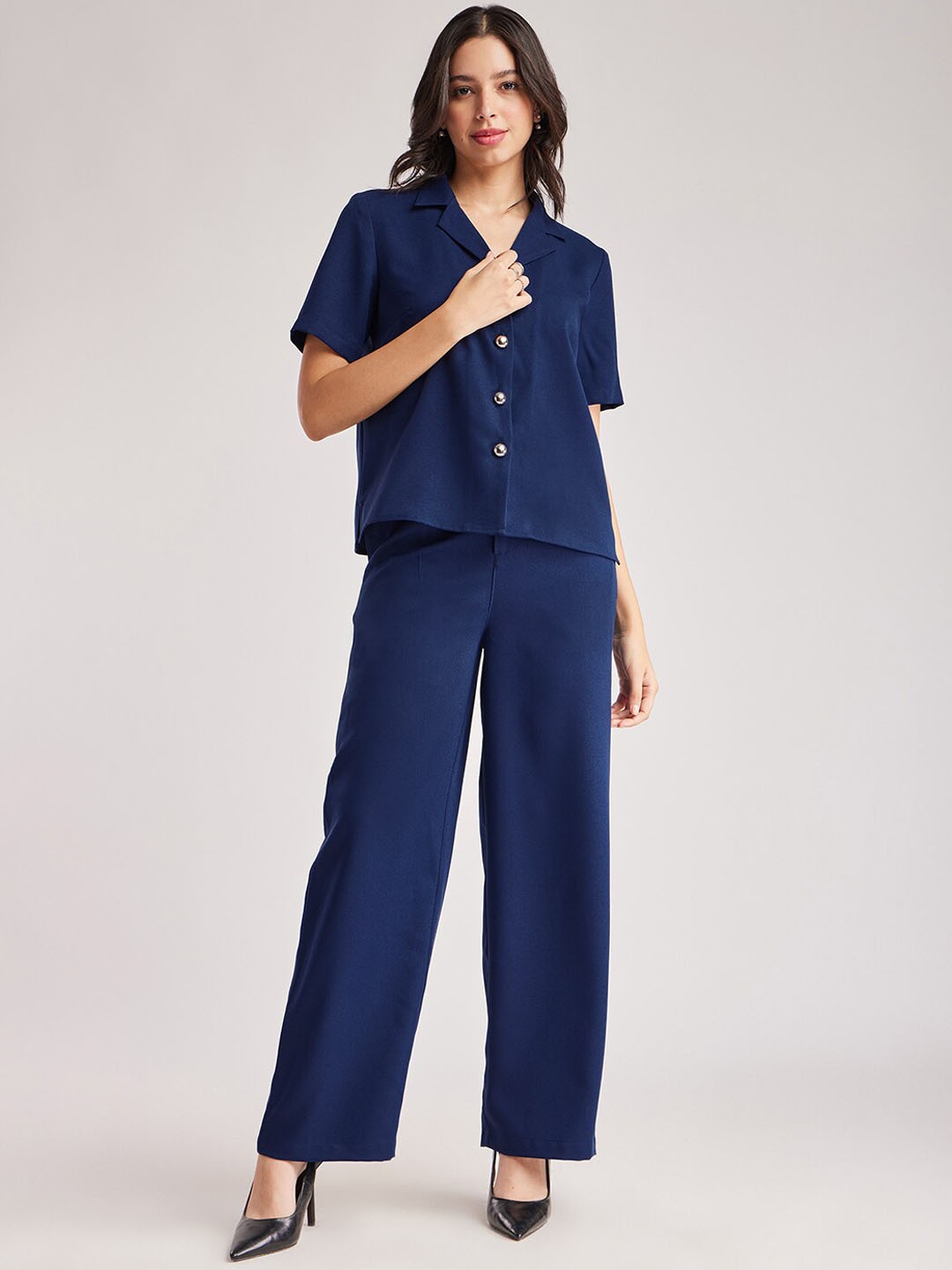 

FableStreet Notched Lapel-Collar Shirt With Trousers, Navy blue