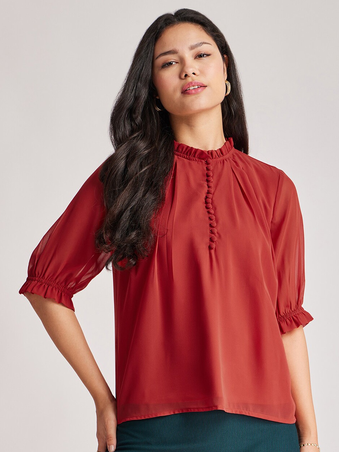 

FableStreet High Neck Puff Sleeves Georgette Top, Rust