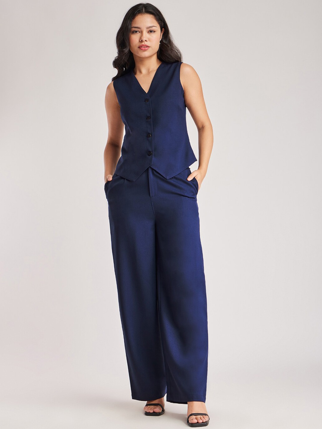 

FableStreet V Neck Top With Trousers, Navy blue