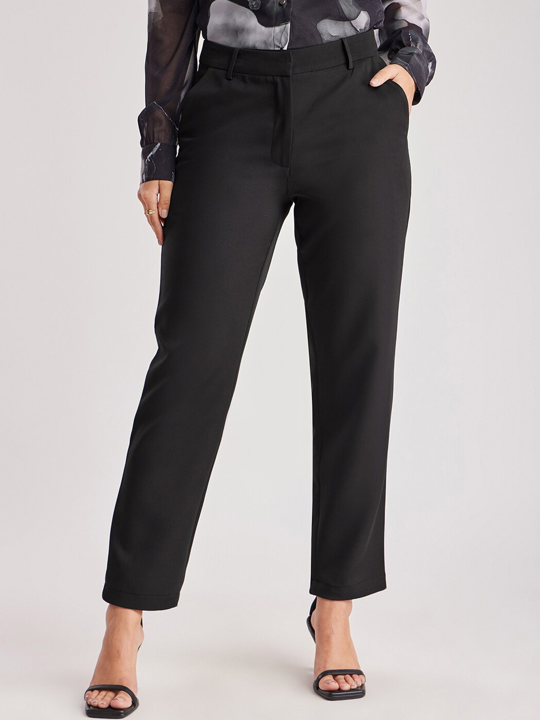 

FableStreet Women Black Straight Fit Trousers