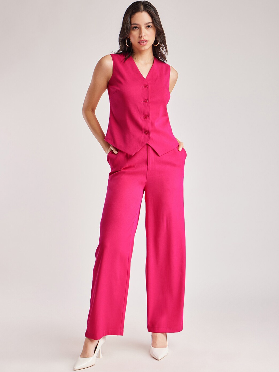 

FableStreet V Neck Top With Trousers, Fuchsia