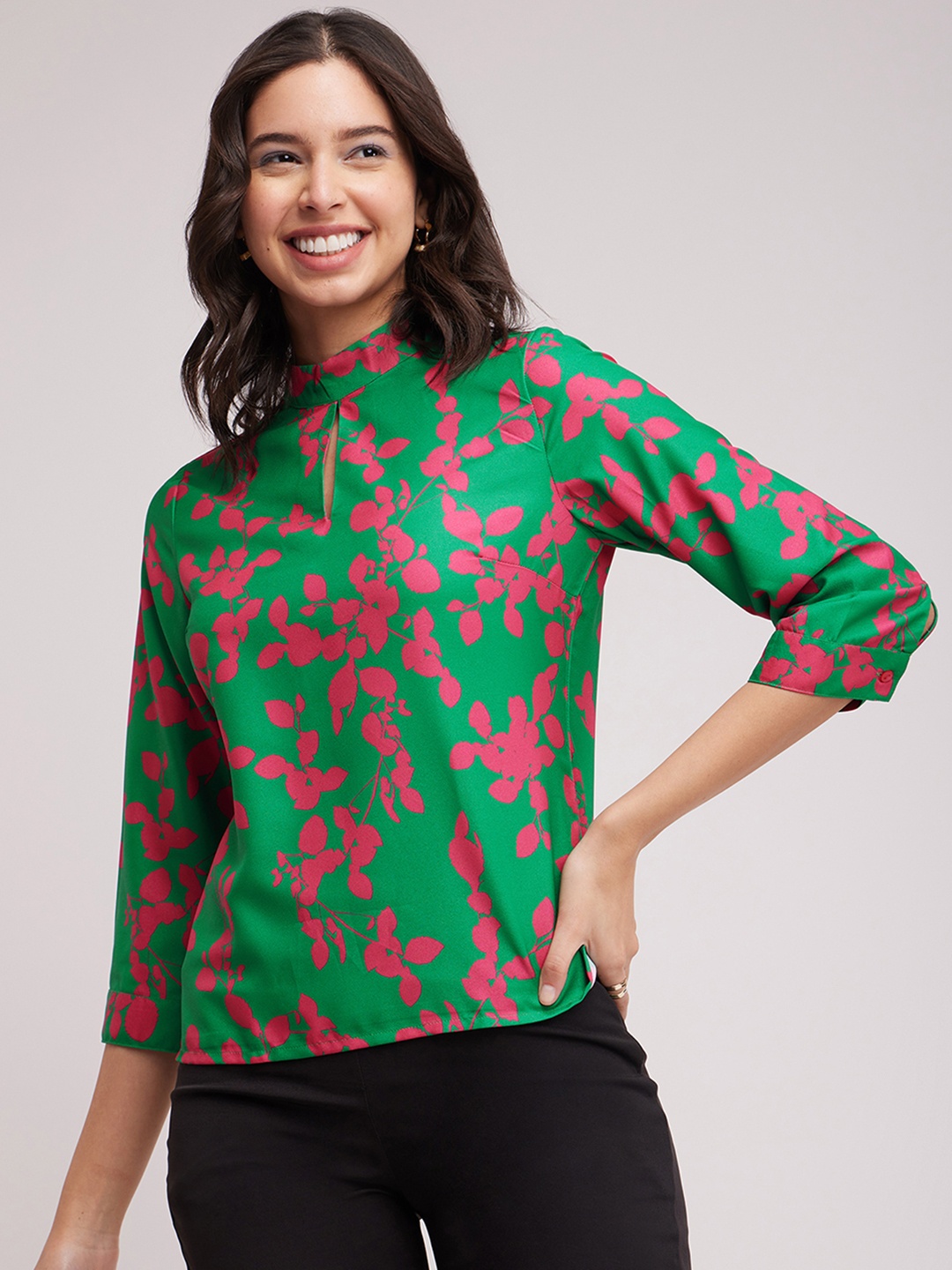 

FableStreet Floral Printed High Neck Cuffed Sleeves Top Slit Detail, Green