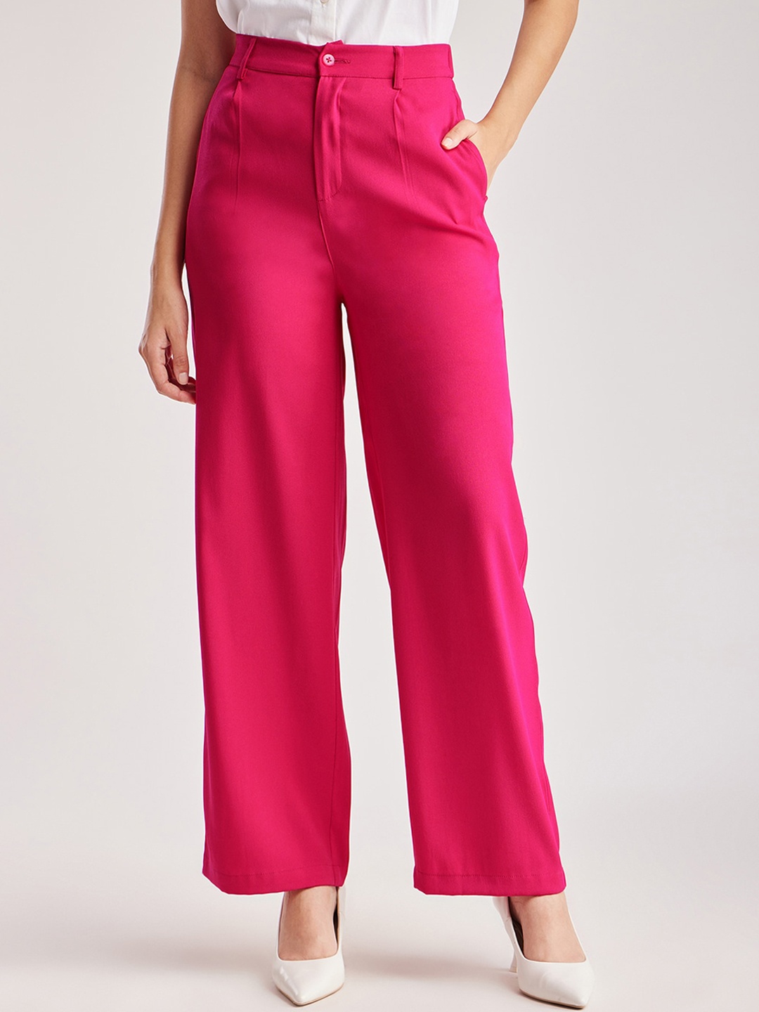 

FableStreet Women Loose Fit High-Rise Pleated Parallel Trousers, Fuchsia