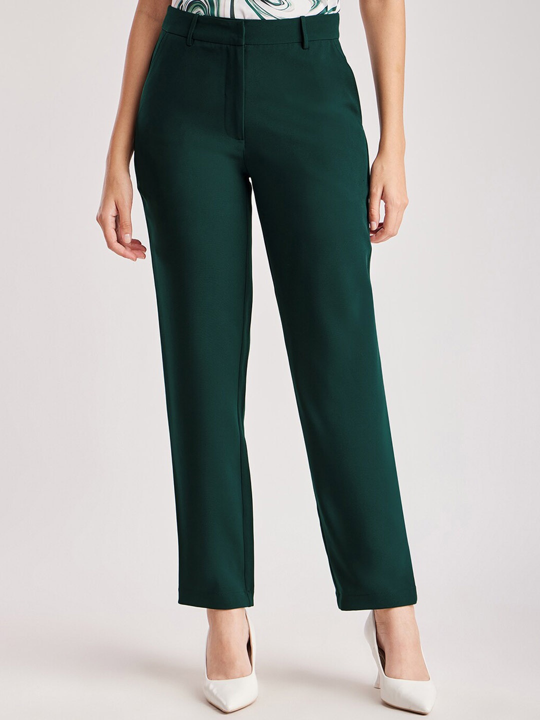 

FableStreet Women Green Straight Fit Formal Trousers