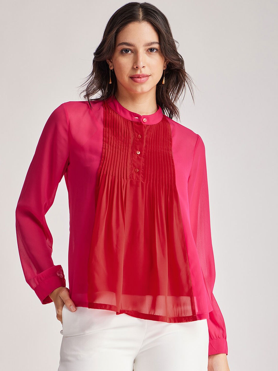 

FableStreet Colourblocked Band Collar Pleated Detail Georgette Top, Fuchsia
