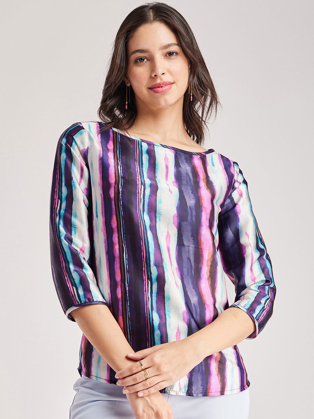 

FableStreet Abstract Printed Boat Neck Satin Top, Pink