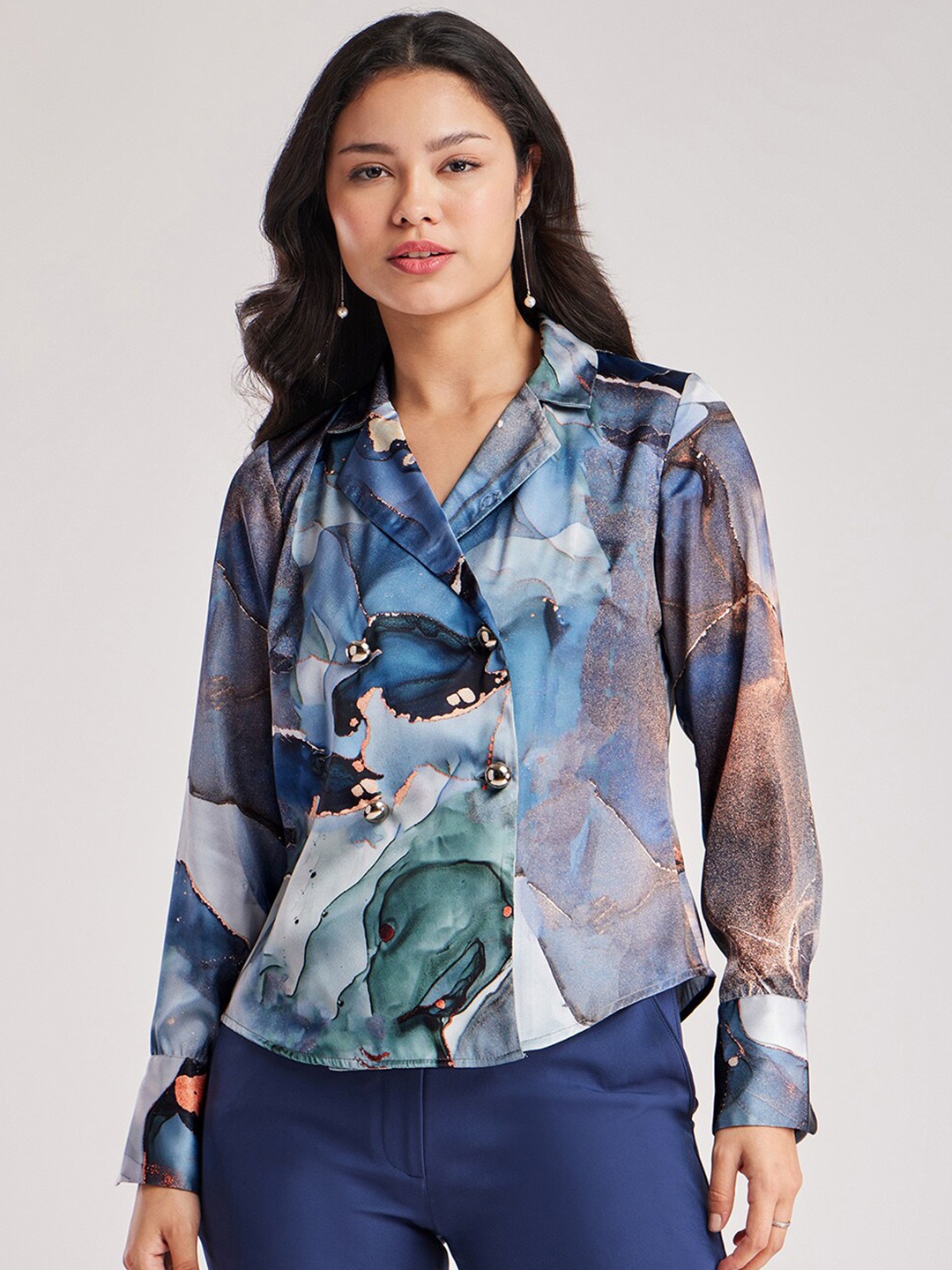 

FableStreet Abstract Printed Lapel Collar Satin Casual Shirt, Blue