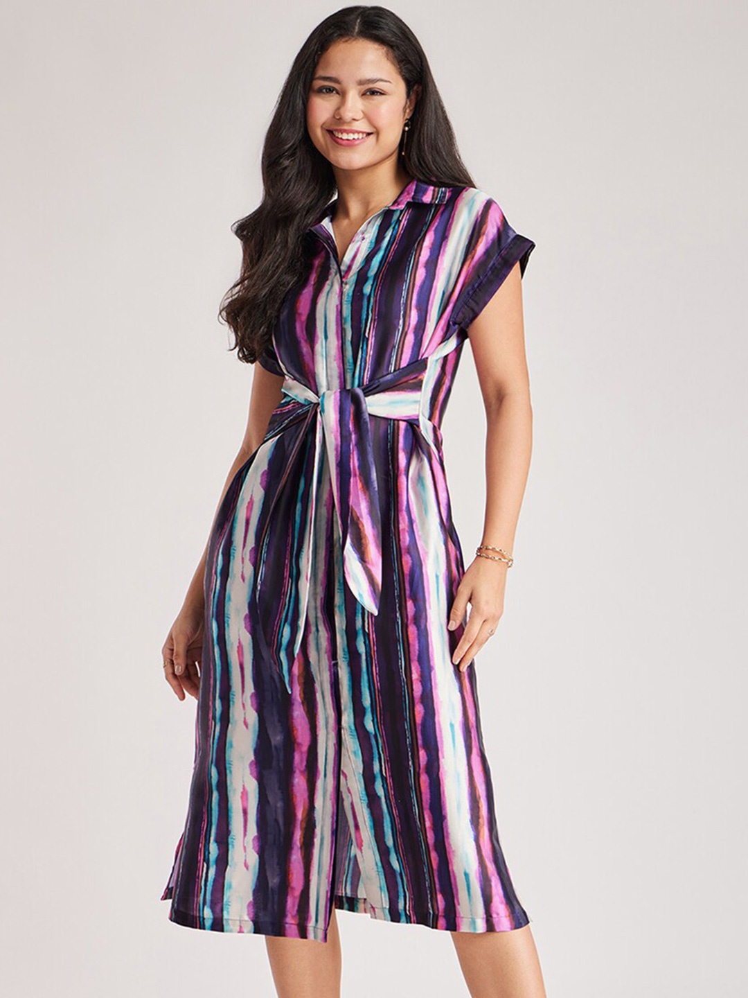 

FableStreet Tie & Dye Tie Up Detail Satin Shirt Style Midi Dress, Pink