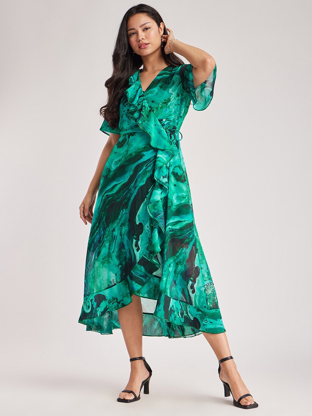 

FableStreet Abstract Printed Tie Ups Wrap Midi Dress, Teal