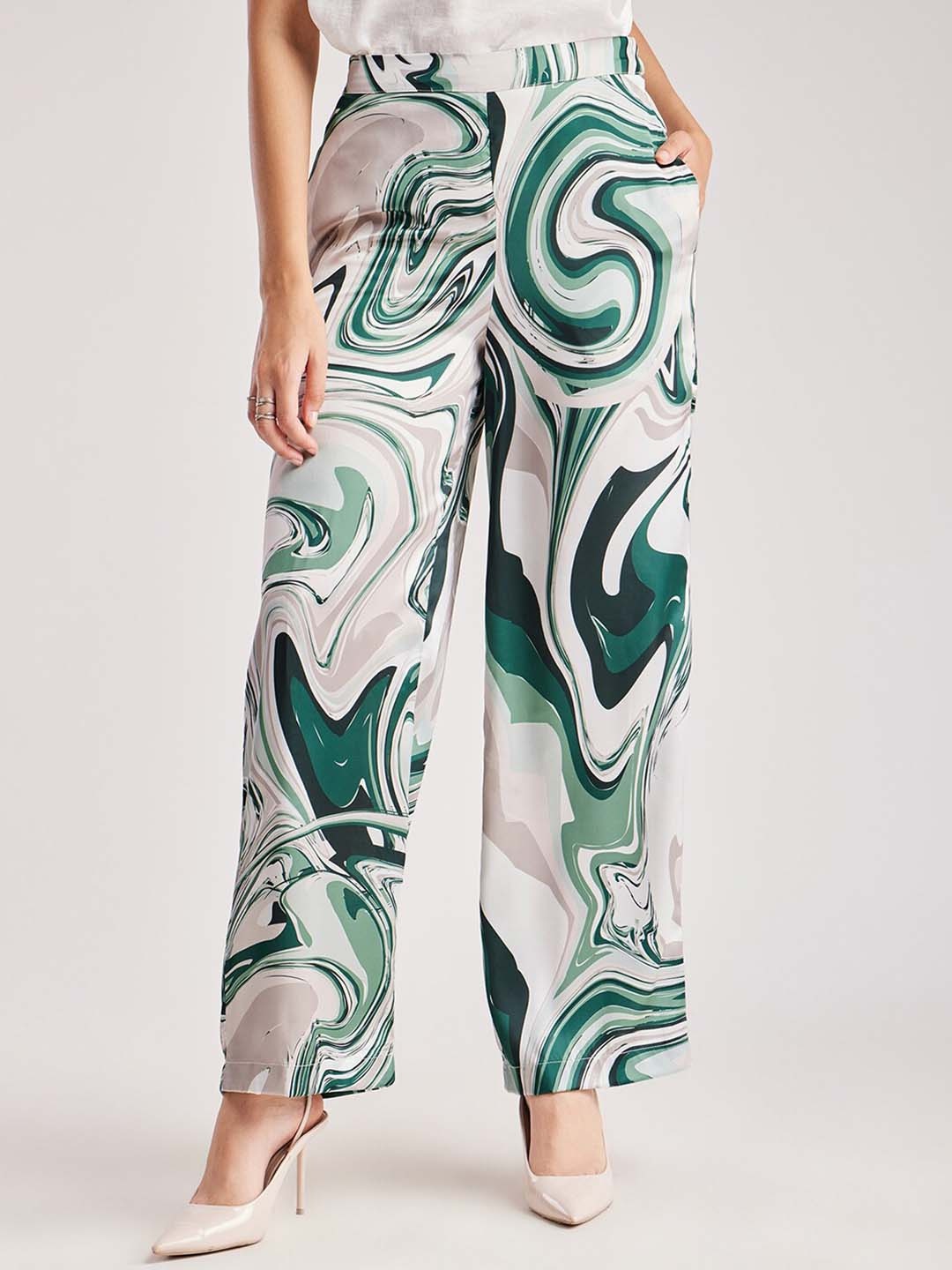 

FableStreet Women Abstract Printed Loose Fit High-Rise Satin Parallel Trousers, White