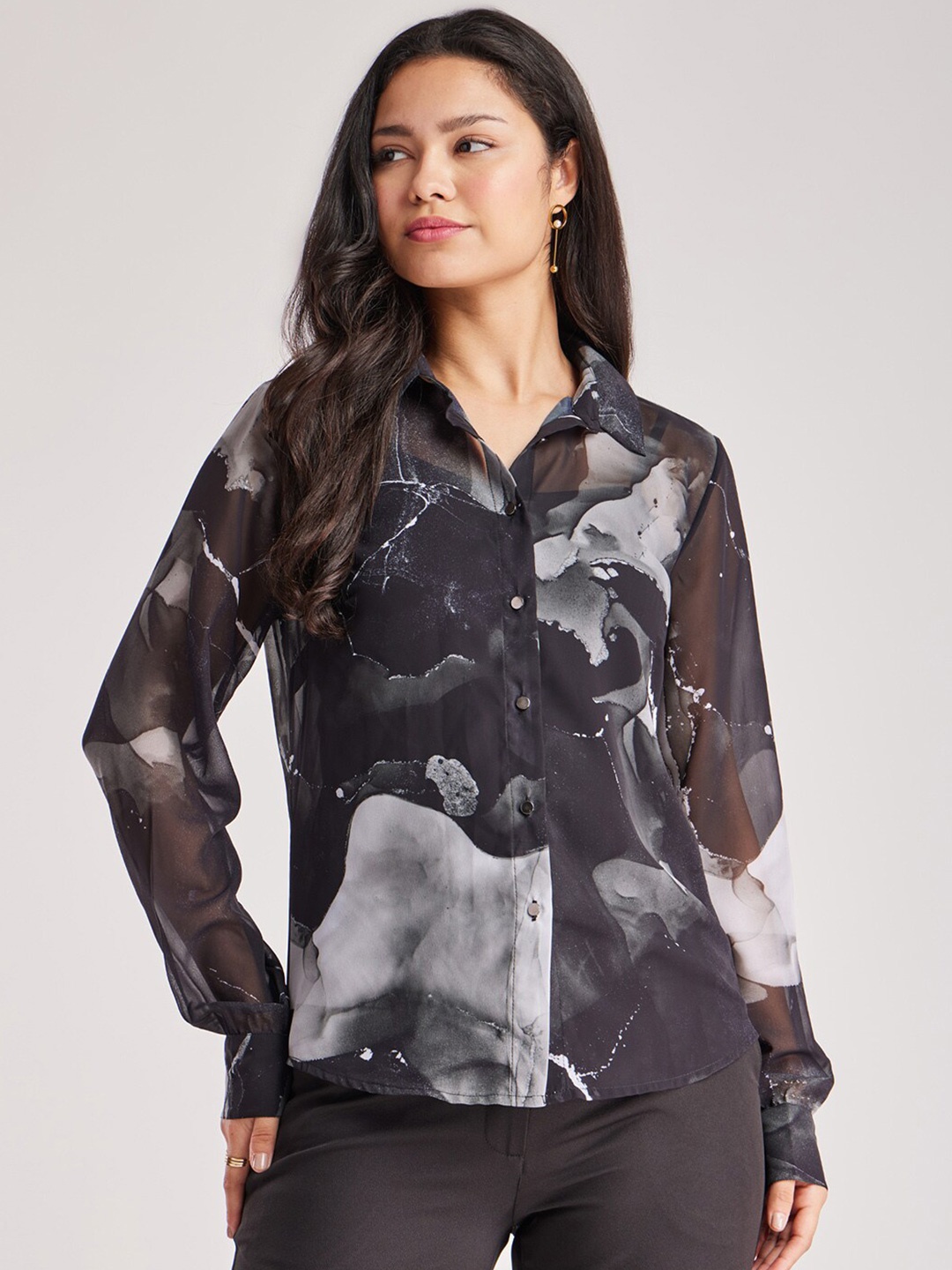 

FableStreet Abstract Printed Sheer Casual Shirt, Black