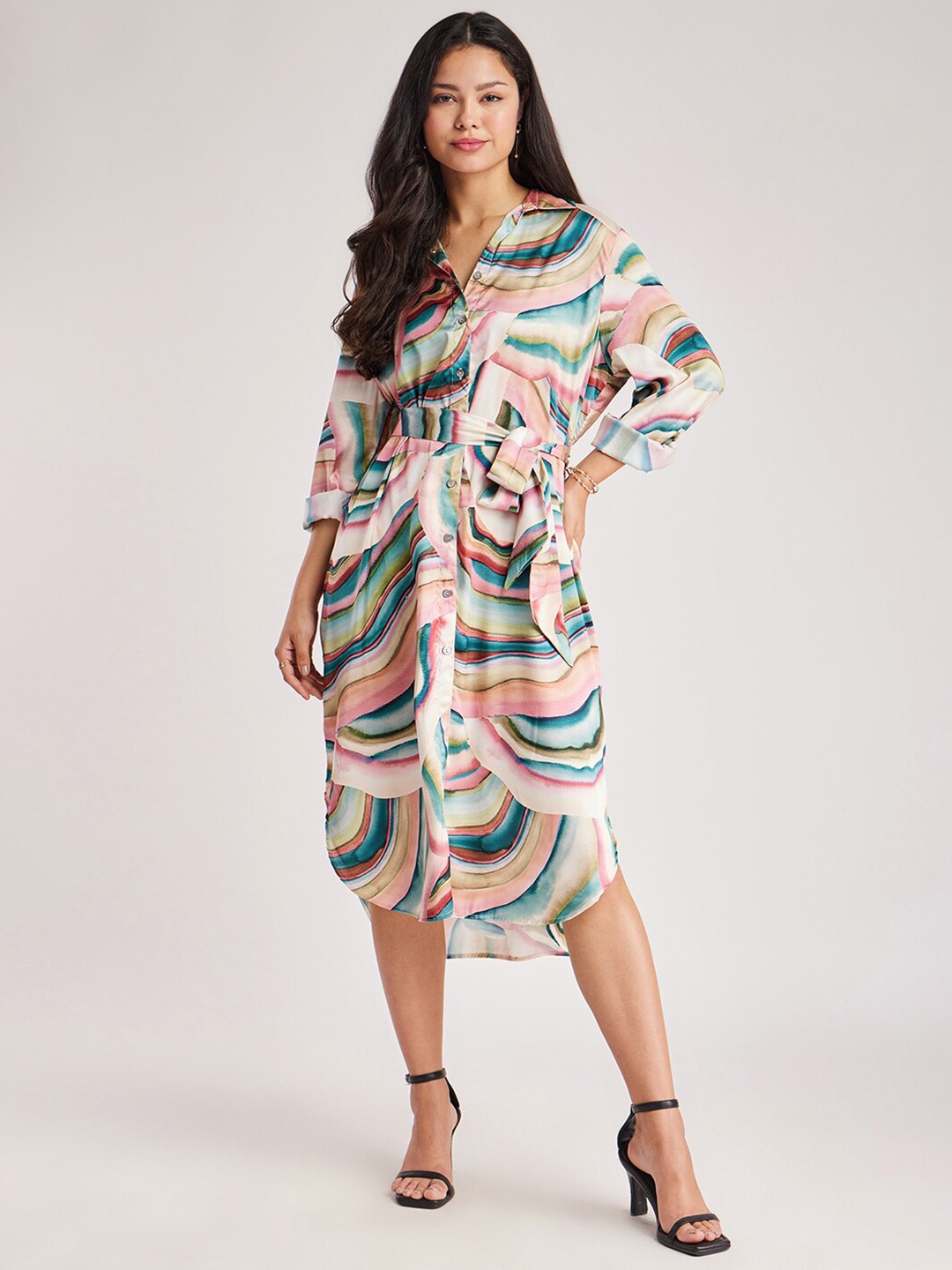 

FableStreet Abstract Printed Satin Shirt Maxi Dress, Pink