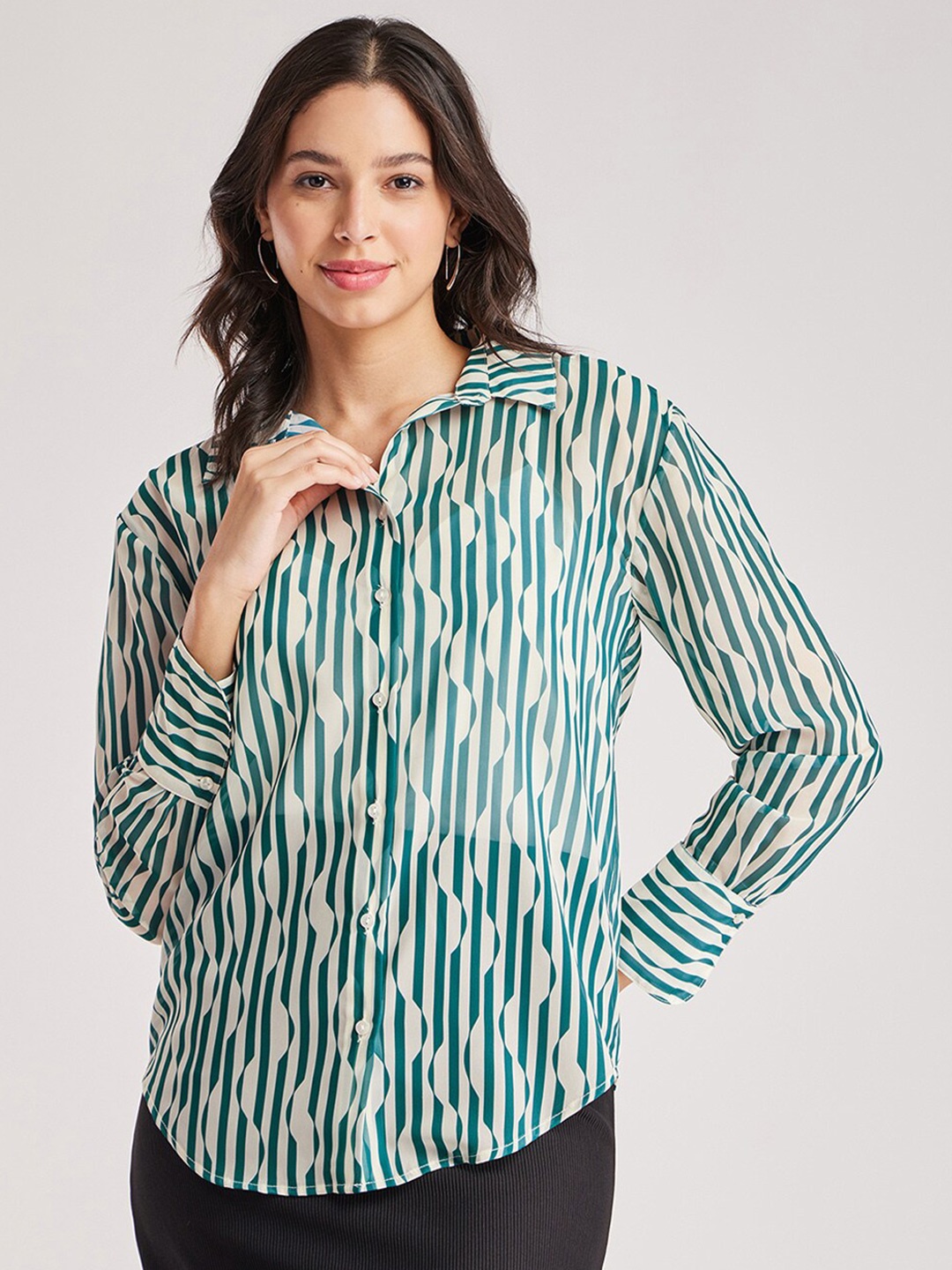 

FableStreet Vertical Striped Semi Sheer Casual Shirt, Teal