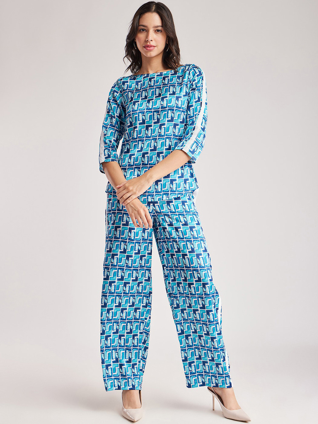

FableStreet Printed Top With Trousers, Blue