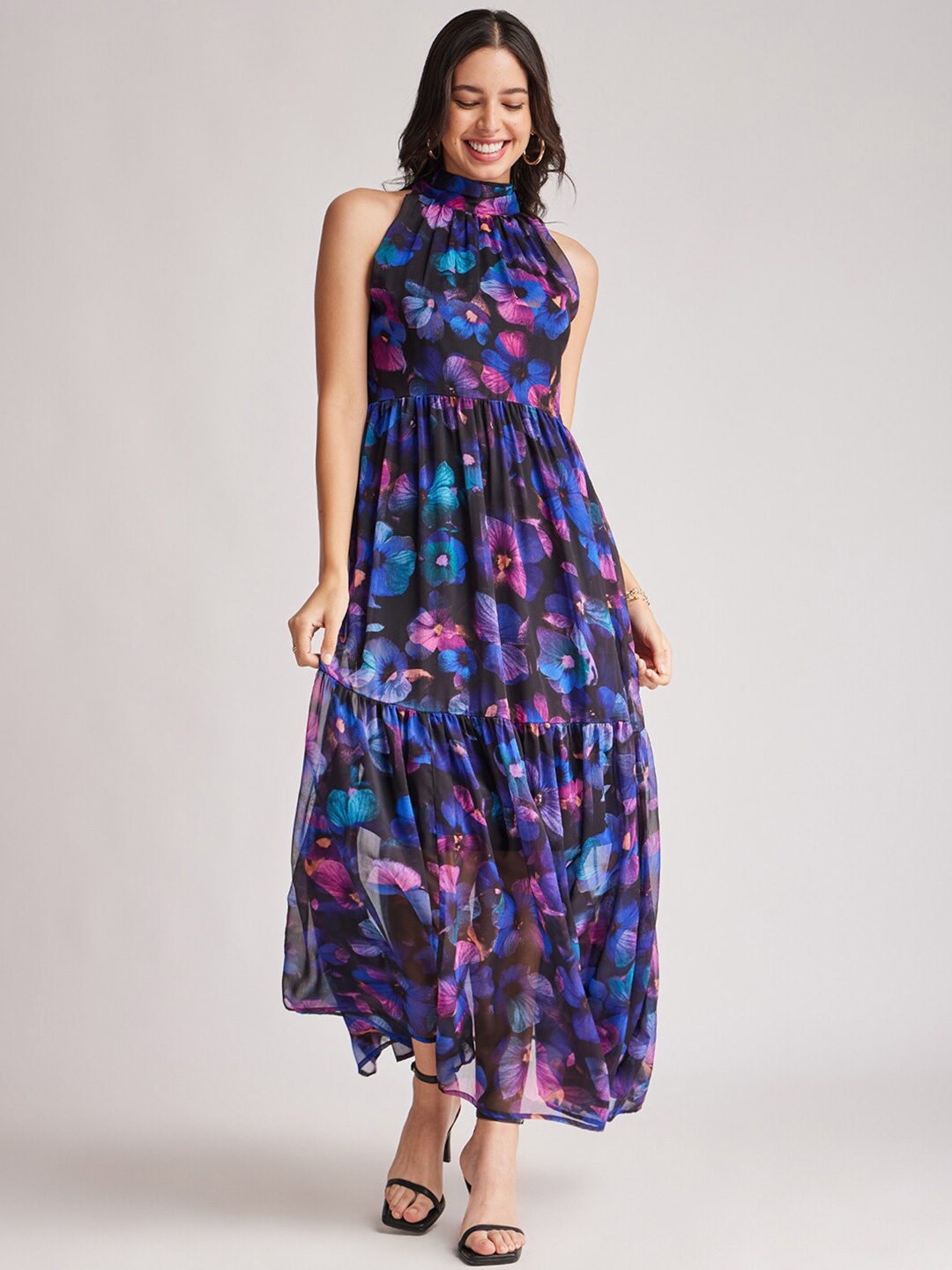 

FableStreet Floral Printed Gathered Or Pleated Maxi Dress, Black