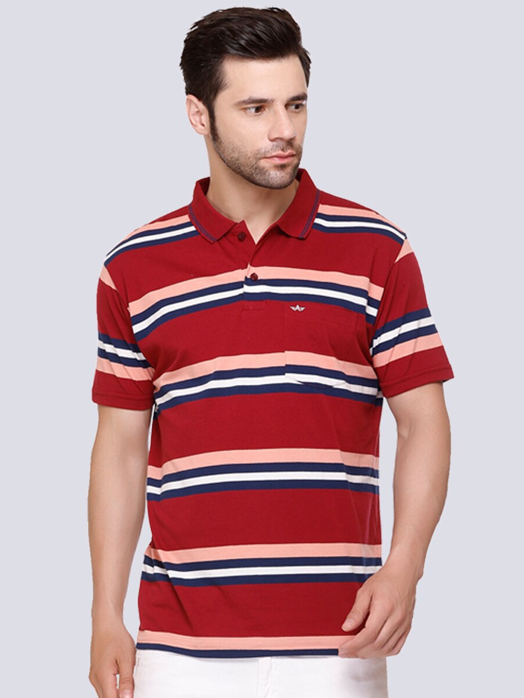 

ARRAY Striped Polo Collar Cotton T-shirt, Red