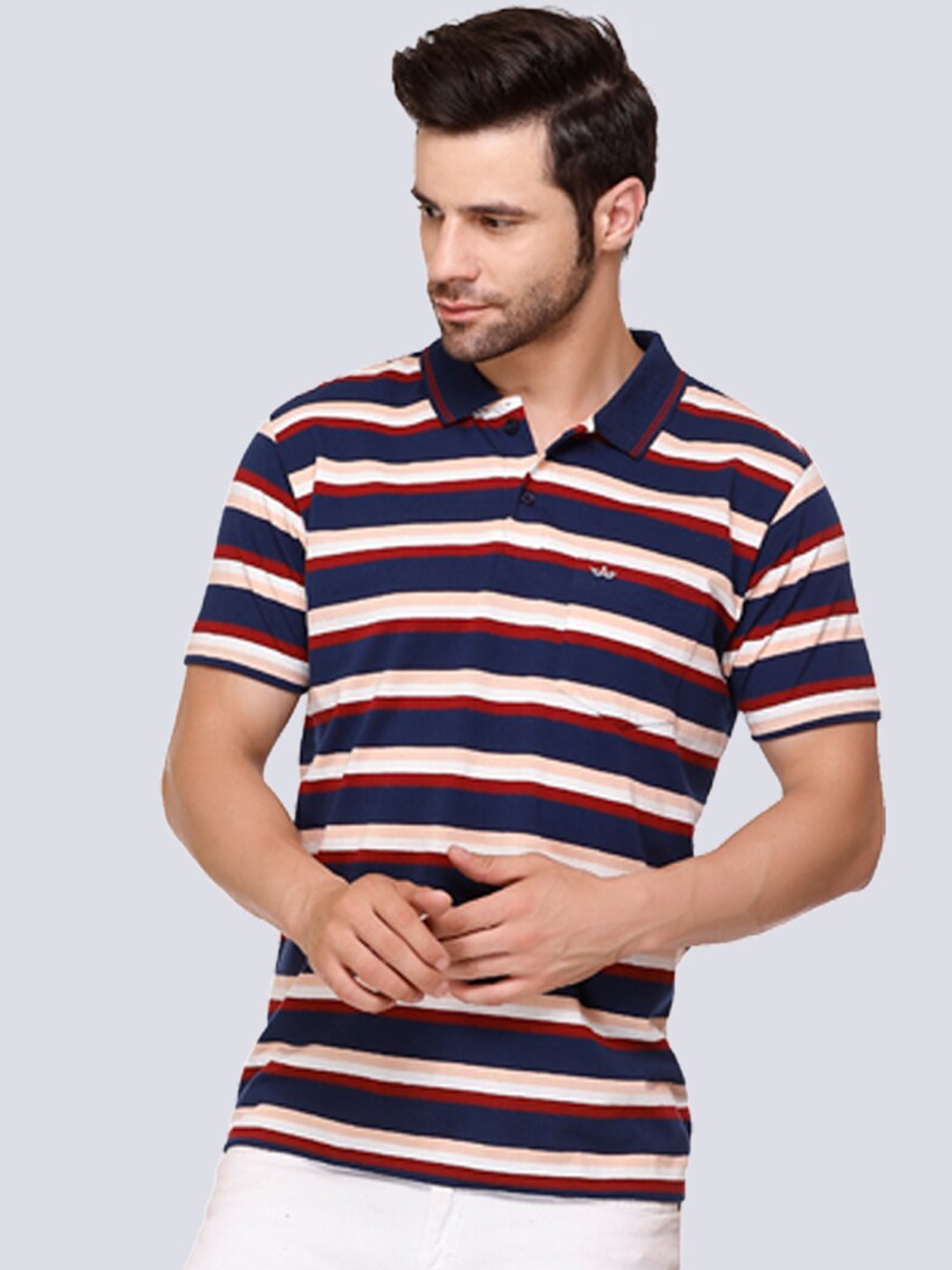 

ARRAY Striped Polo Collar Cotton T-shirt, Navy blue