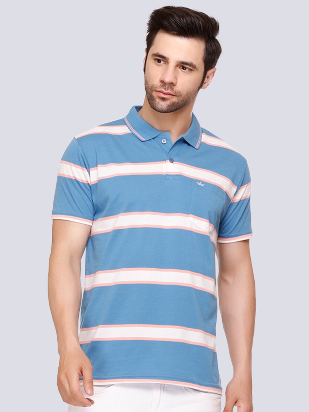 

ARRAY Striped Polo Collar Cotton T-shirt, Blue