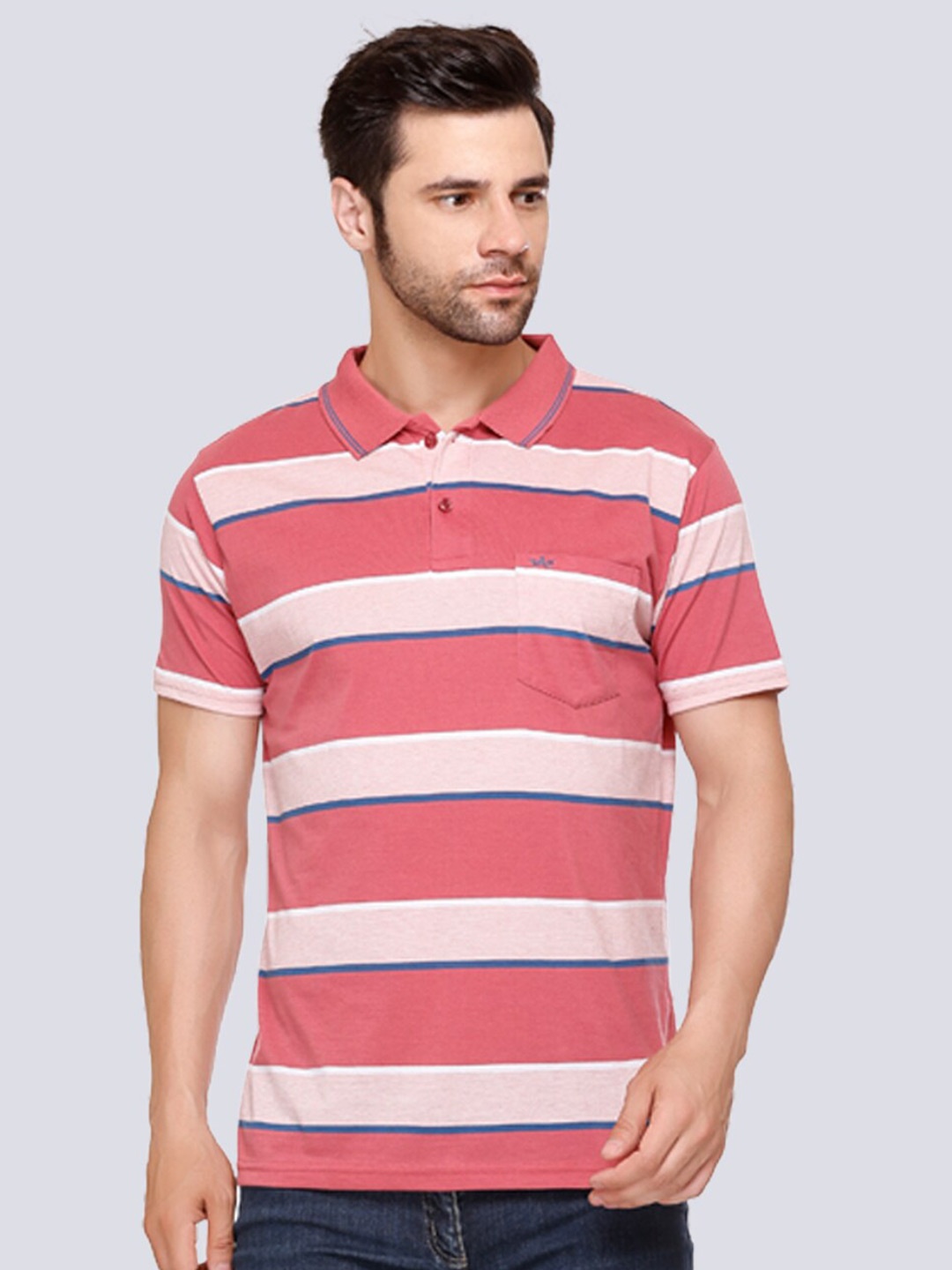 

ARRAY Striped Polo Collar Cotton T-shirt, Pink