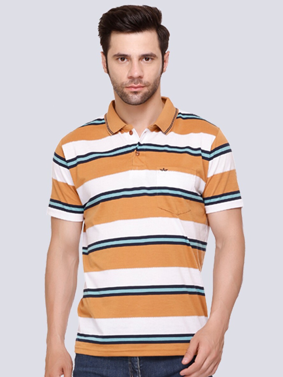 

ARRAY Striped Polo Collar Cotton T-shirt, Brown