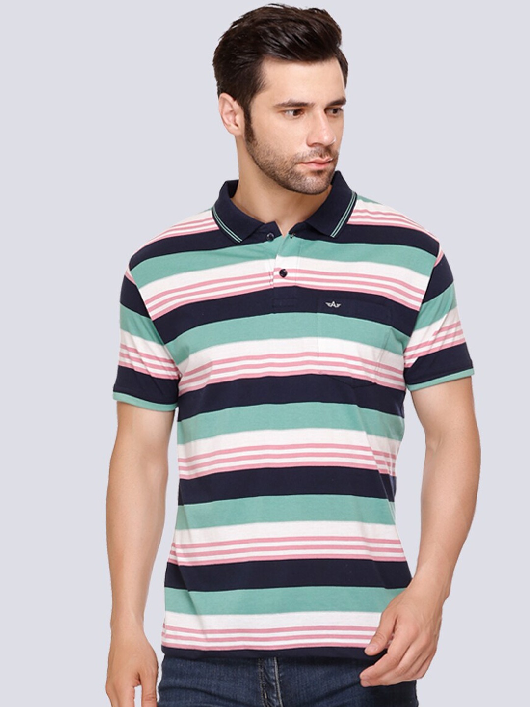 

ARRAY Striped Polo Collar Cotton T-shirt, Green