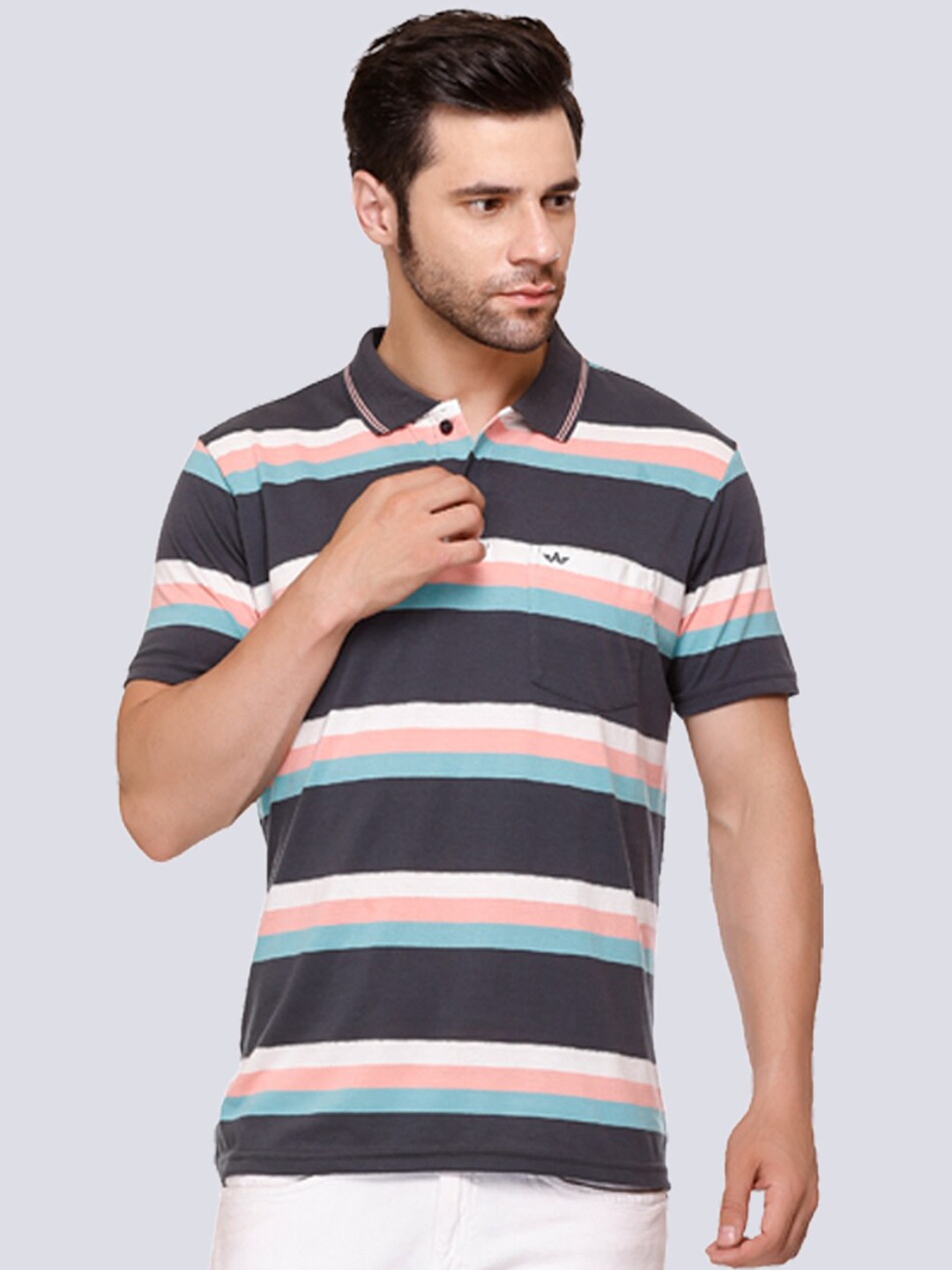 

ARRAY Striped Polo Collar Cotton T-shirt, Charcoal