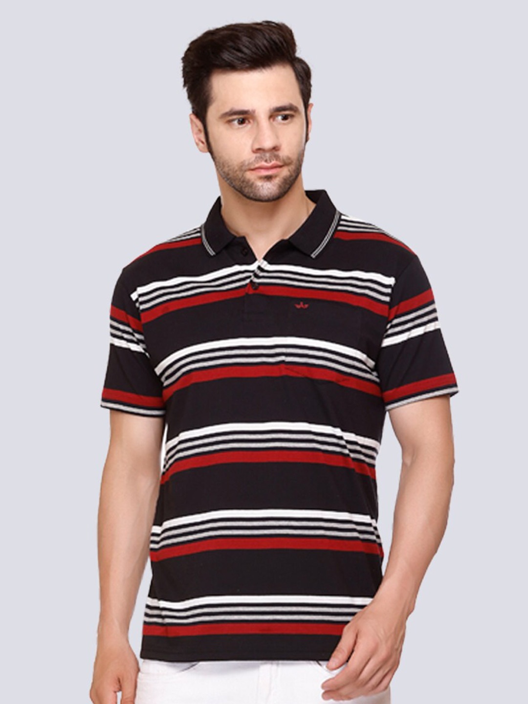 

ARRAY Striped Polo Collar Cotton T-shirt, Black