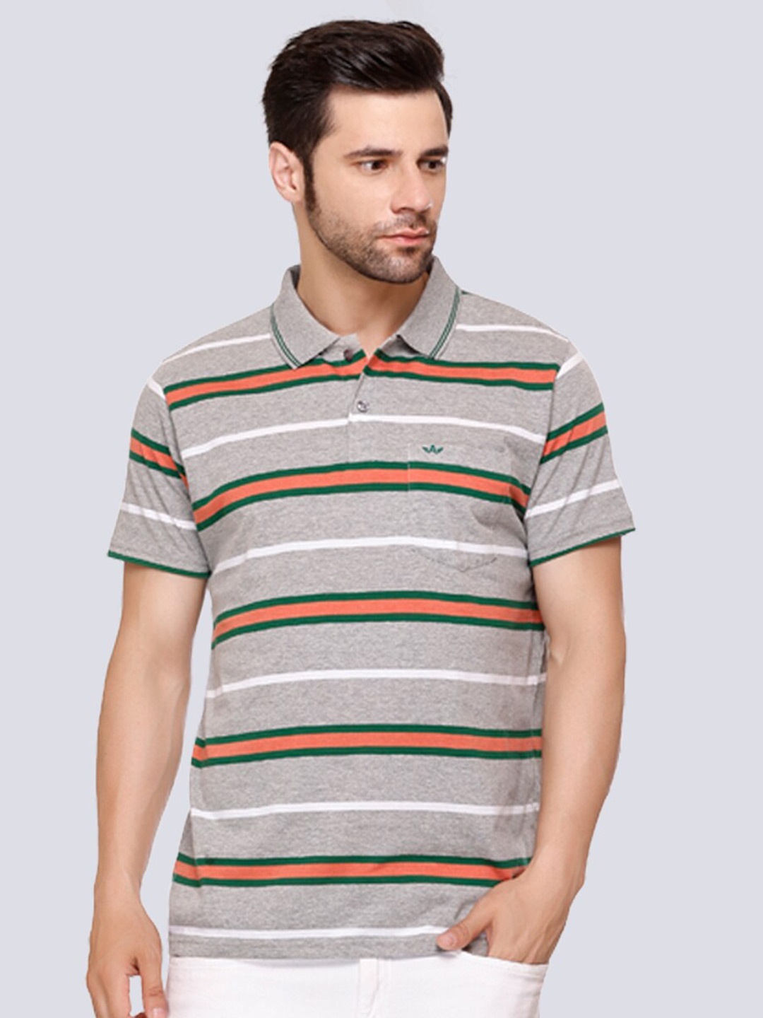 

ARRAY Striped Polo Collar Cotton T-shirt, Grey