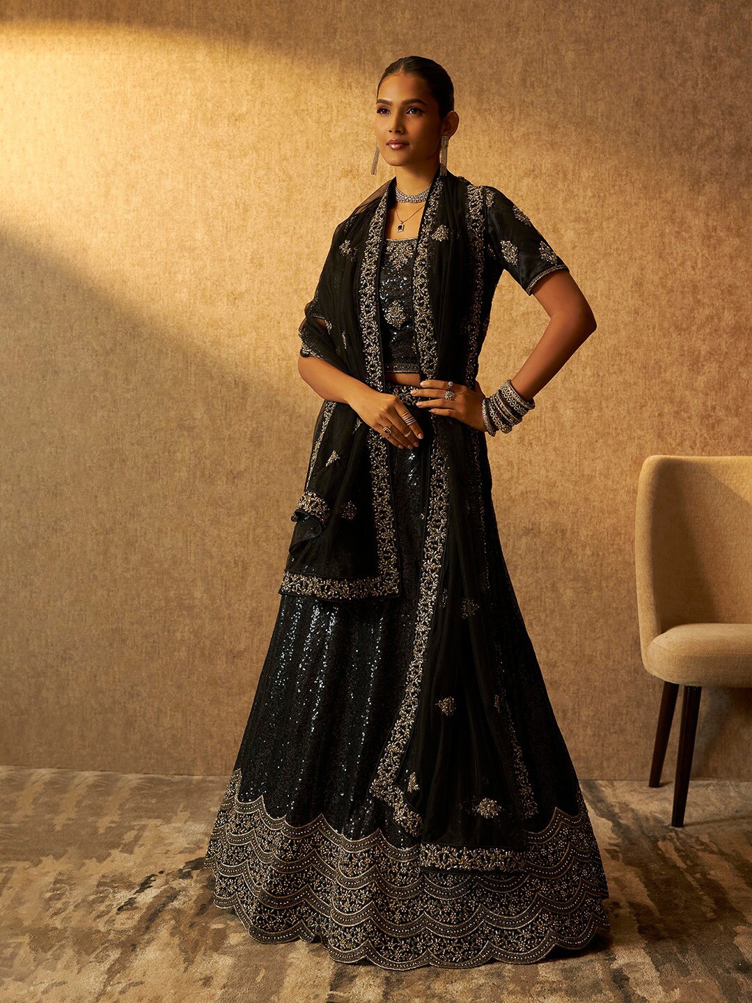 

Soch Embellished Sequinned Net Unstitched Lehenga & Blouse With Dupatta, Black