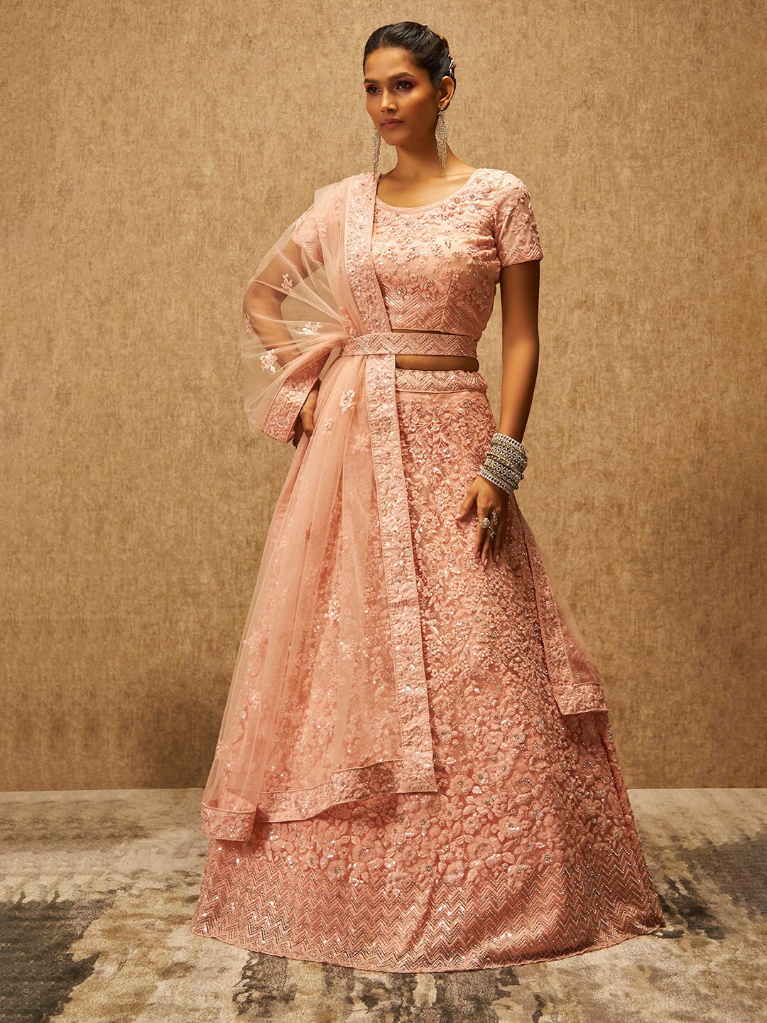 

Soch Embellished Sequinned Net Unstitched Lehenga & Blouse With Dupatta, Peach