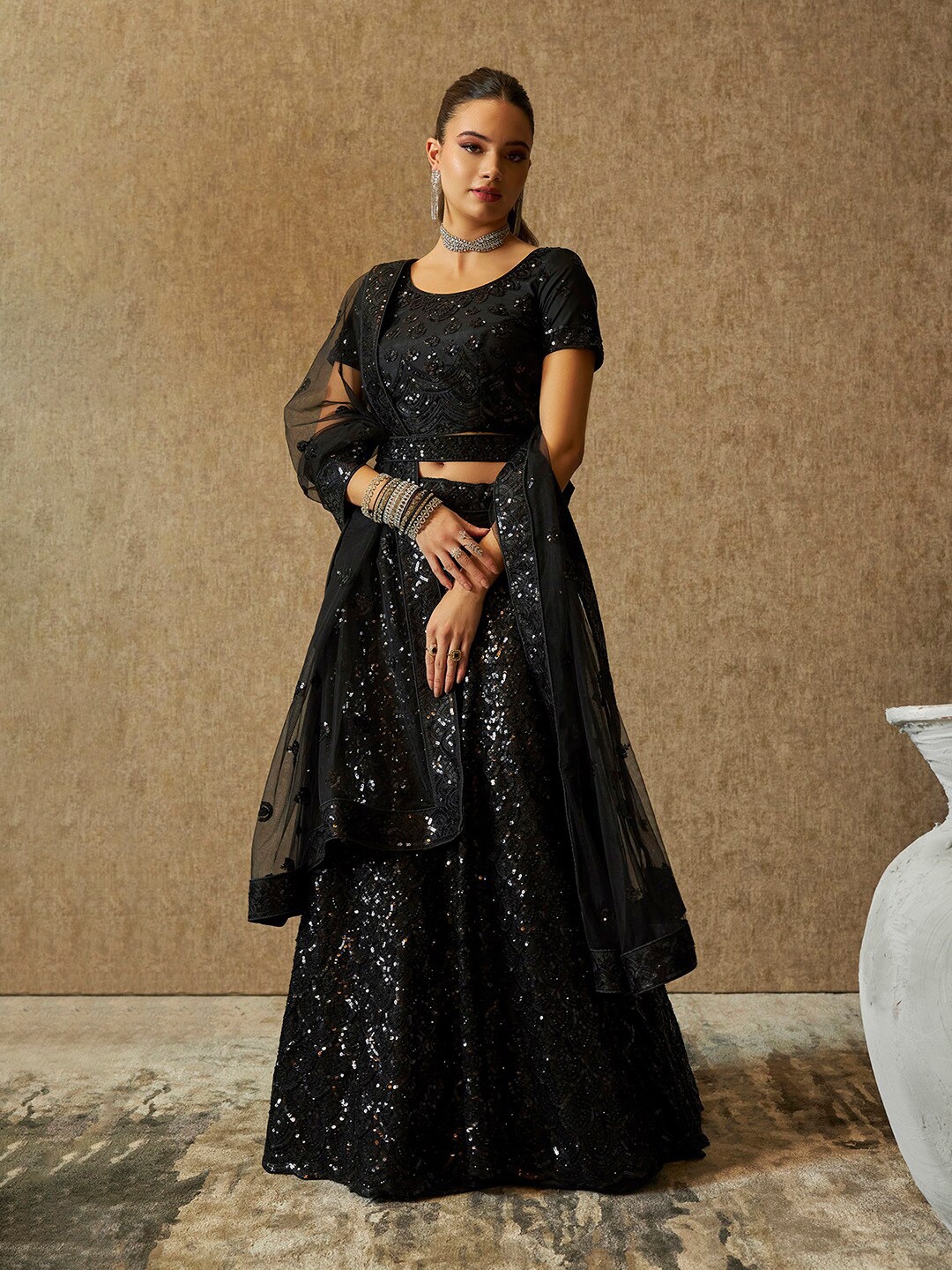 

Soch Embroidered Sequinned Net Unstitched Lehenga & Blouse With Dupatta, Black