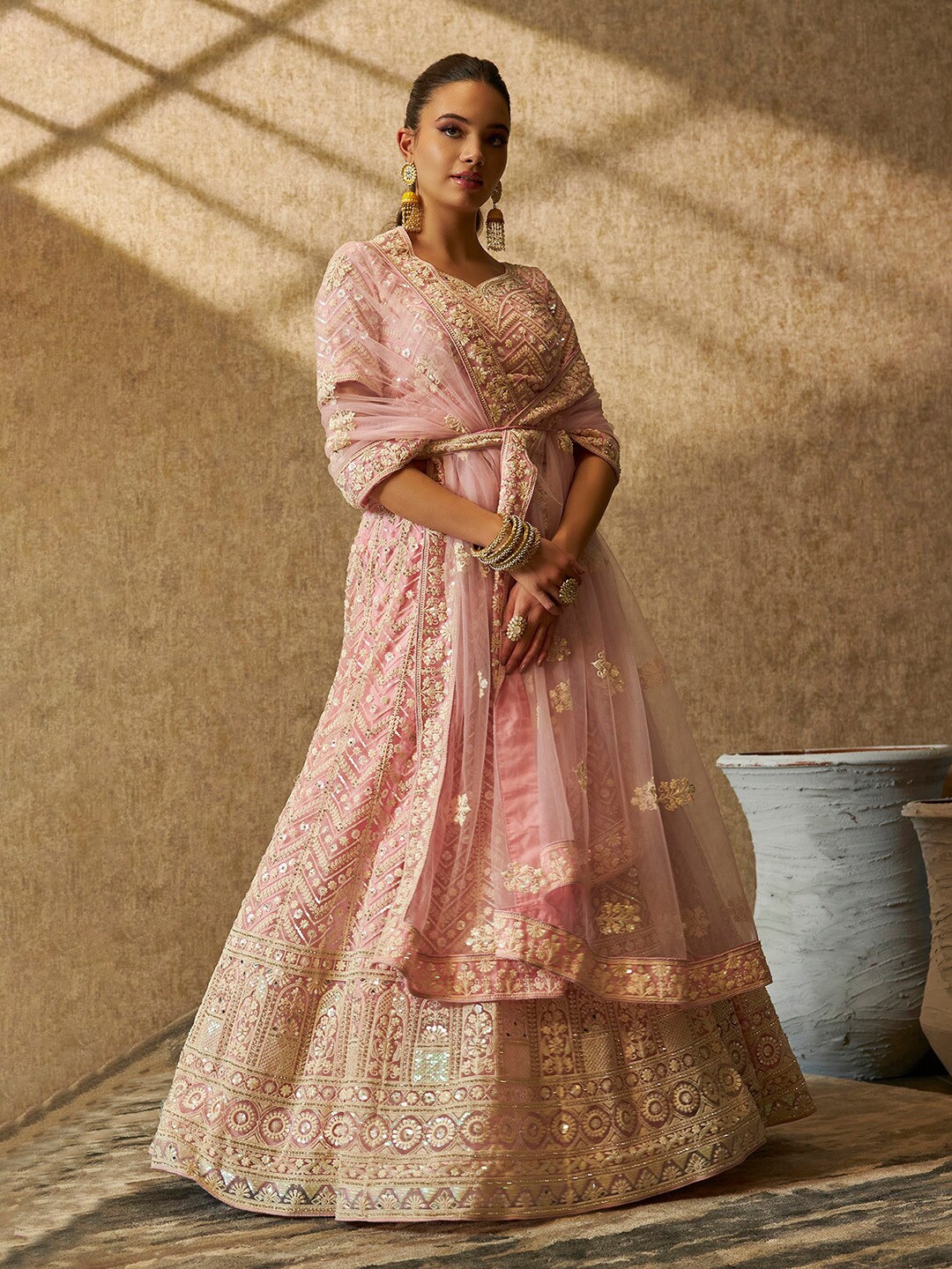 

Soch Pink Sequin Embellished Unstitched Net Lehenga & Blouse With Dupatta