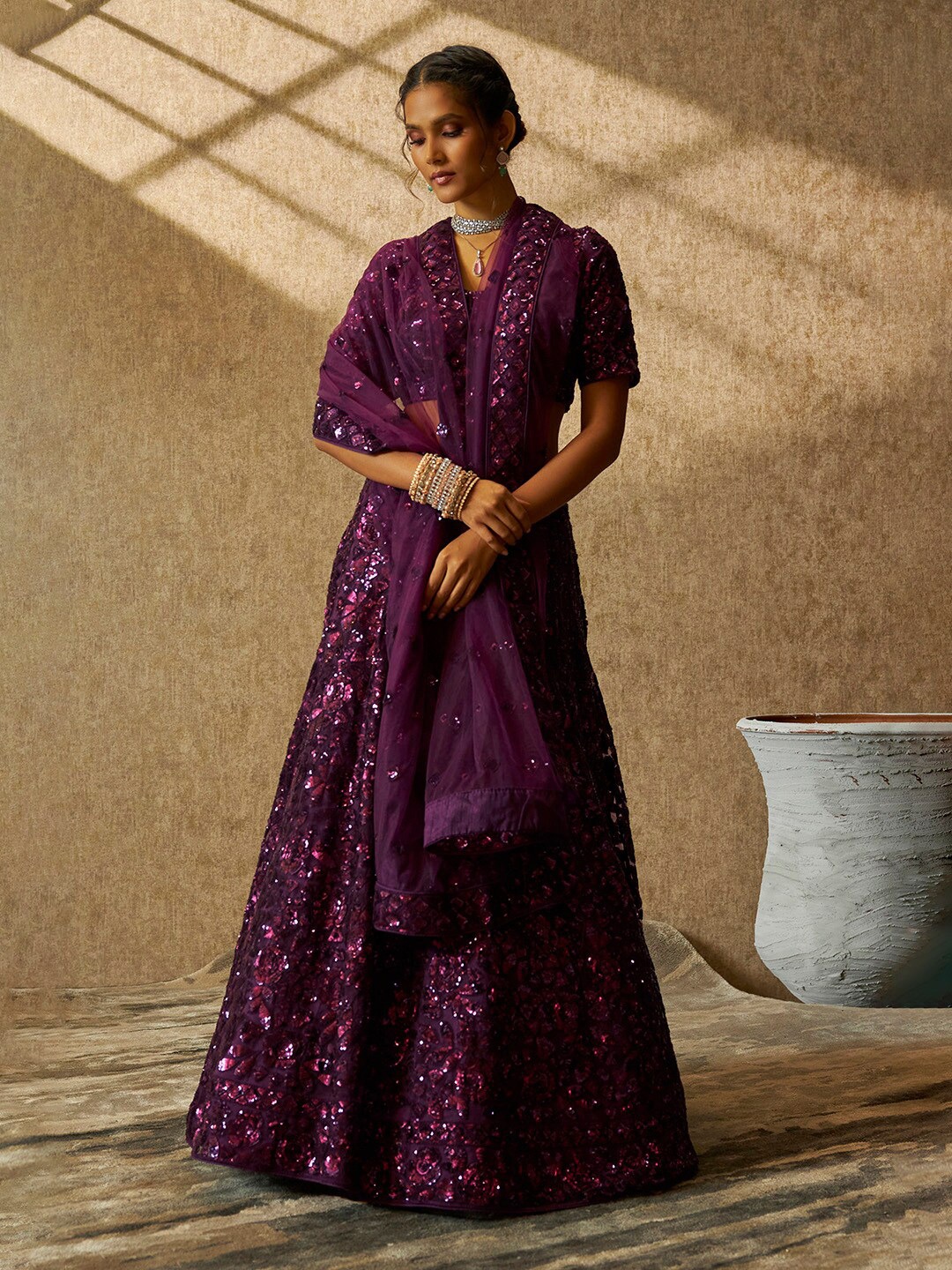 

Soch Embellished Sequinned Detail Unstitched Lehenga & Blouse With Dupatta, Purple