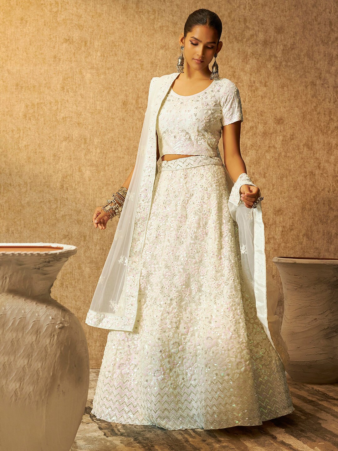 

Soch Cream-Coloured Embellished Sequinned Unstitched Lehenga & Blouse With Dupatta